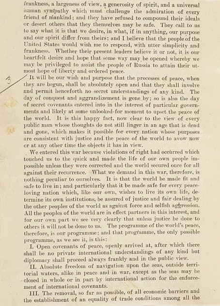 Страница оригинального текста послания Вудро Вильсона Конгрессу от 8 января 1918 года